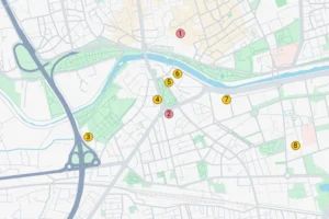Mapa del Barrio del Carmen de Murcia con la Catedral, la Iglesia del Carmen y gimnasios